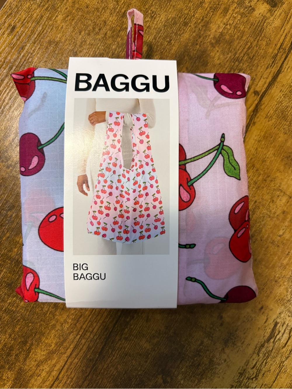 BAGGU Big Baggu Reusable Tote — Pink with Red Cherry Print
